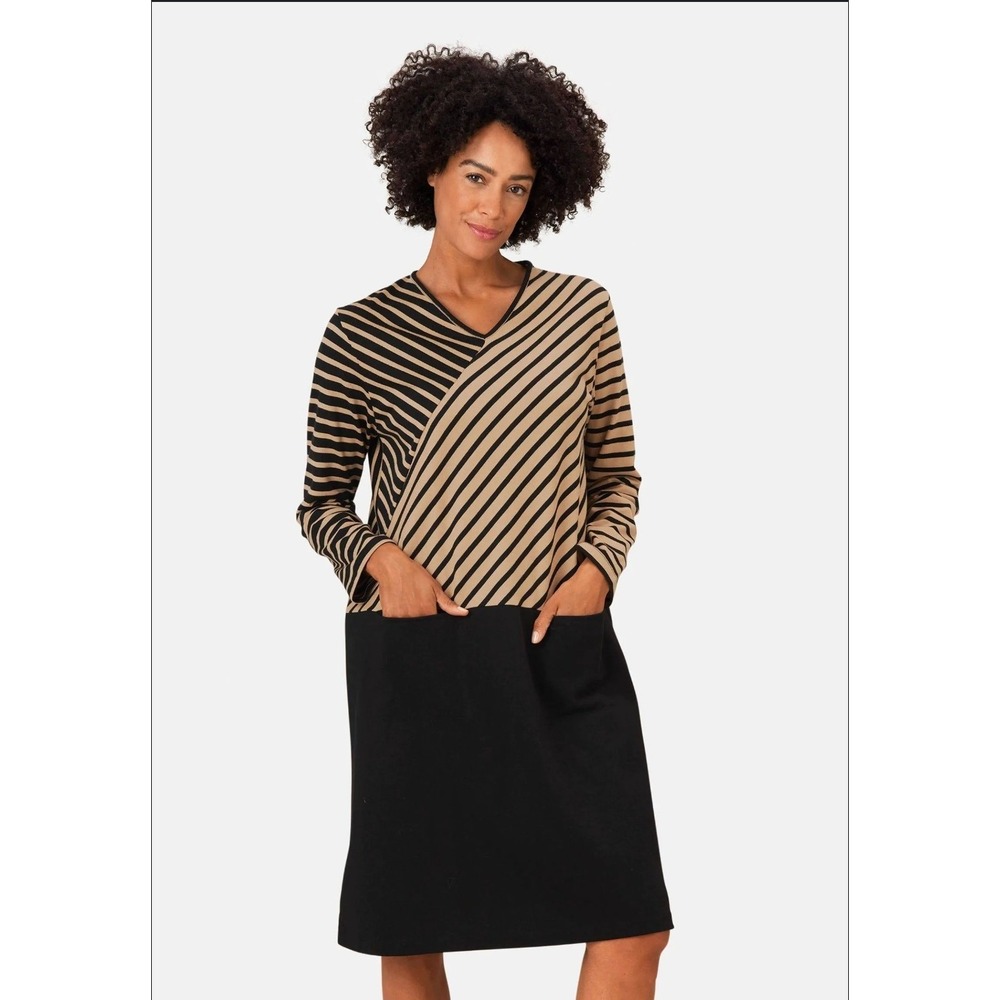 Masai Copenhagen Nenala Dress 2XL Black Beige Stripe Colorblock‎  Knit Shift
